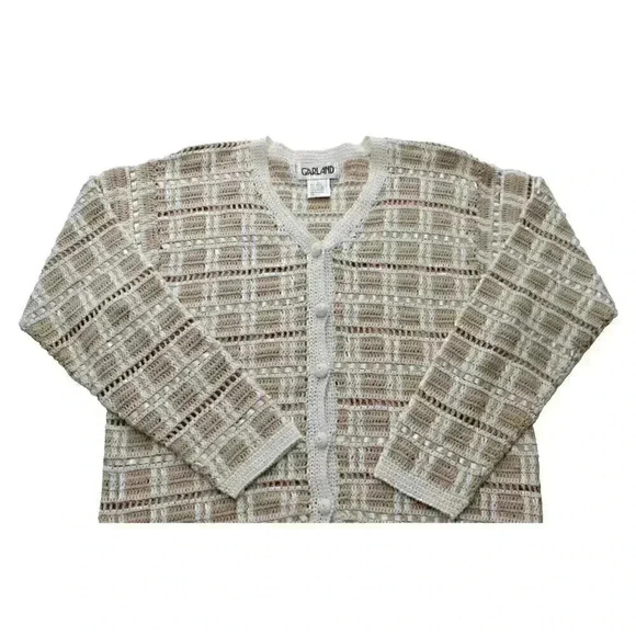 Vintage 70s Garland Women's Size L Ivory Cream Open Knit Button Cardigan Sweater - Picture 2 of 10